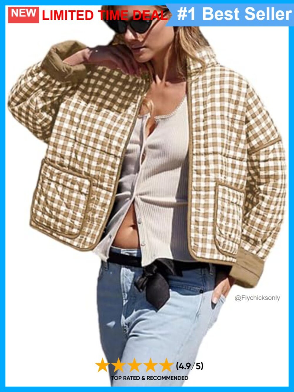 Cropped Quilted Puffer Jacket Plaid Print Lightweight Zip Up Coat